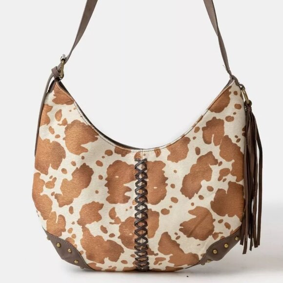 Fame Cow Print Hobo Shoulder Bag with Studded Details - Picture 1 of 4